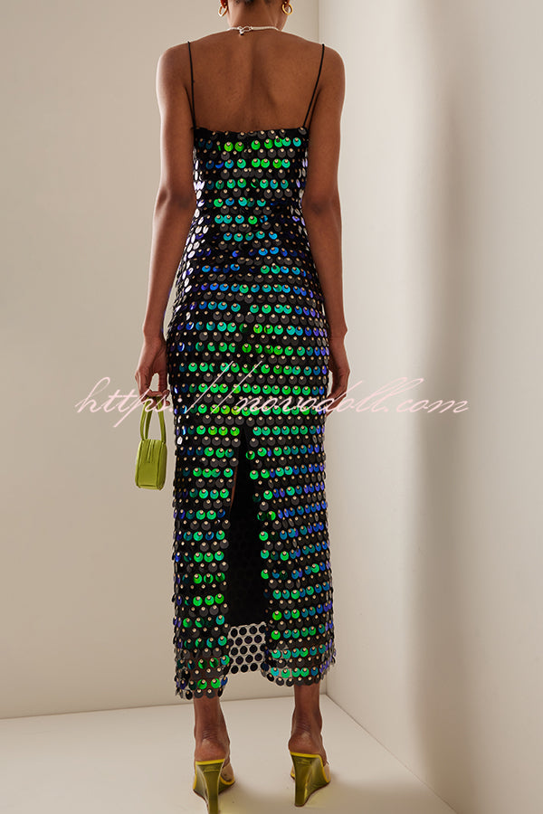 Sexy Sequined Halter-neck Backless Slim Fit Slit Midi Dress