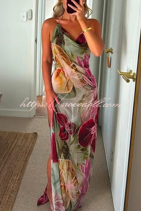 Floral Print Sexy Backless Slit See-Through Holiday Maxi Dress