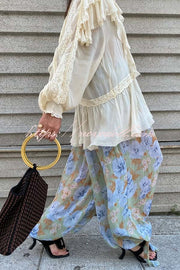Autumn Boho Chiffon Floral Print Elastic Waist Tie-up Hem Balloon Pants