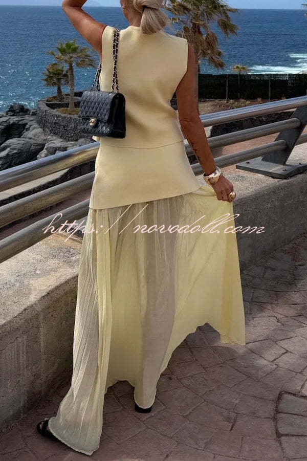 Stylish and Elegant Knit Spliced Tulle Elastic Waist Pleated Maxi Skirt
