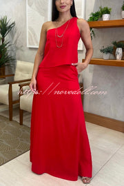 Solid Color One Shoulder Sleeveless Top and High Waisted Slit Tie Up Maxi Skirt Set