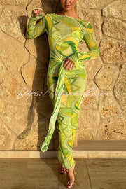 Nessie Mesh Unique Print Tie-up Waist Long Sleeve Stretch See-Through Maxi Dress