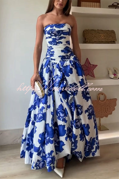 Perfect Moment Floral Off Shoulder Ruched Bodice Drape Bubble Hem Maxi Dress