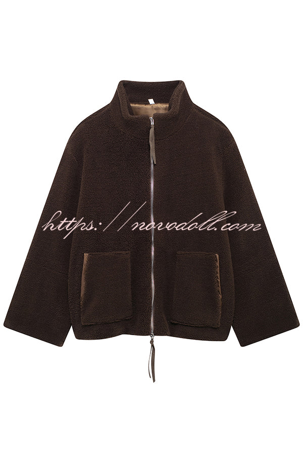 Solid Color Stitching High Collar Long Sleeve Loose Pocket Woolen Coat