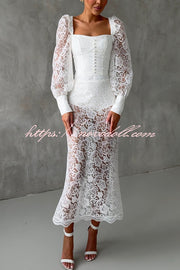Timeless Moment Floral Lace Square Neck Button Up Balloon Sleeve Top