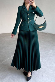 Solid Color Lapel Button Belt Blazer and Pleated Casual Maxi Skirt Set