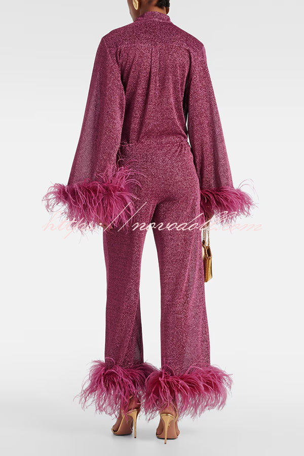 Glitter Fabric Feather Trim Long Sleeve Button Top and Elastic Waist Loose Straight Pants Set