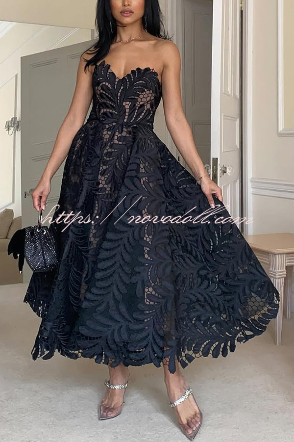 Elegant Openwork Lace Strapless Full-hem Midi Dress