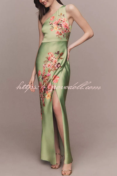 Wedding  Guest Satin Floral Print One Shoulder Side Slit Maxi Dress