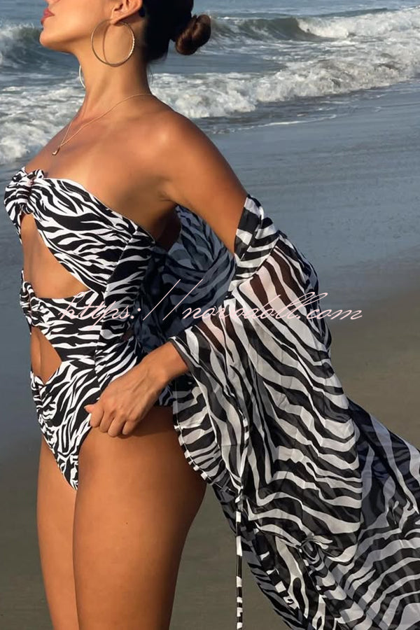 Marsie Zebra-print Ring Cutout Details Off Shoulder Stretch One-Piece Swimsuit