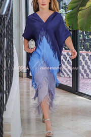 Fashionable Color-blocked Multi-layered Tassel Loose Midi Dress