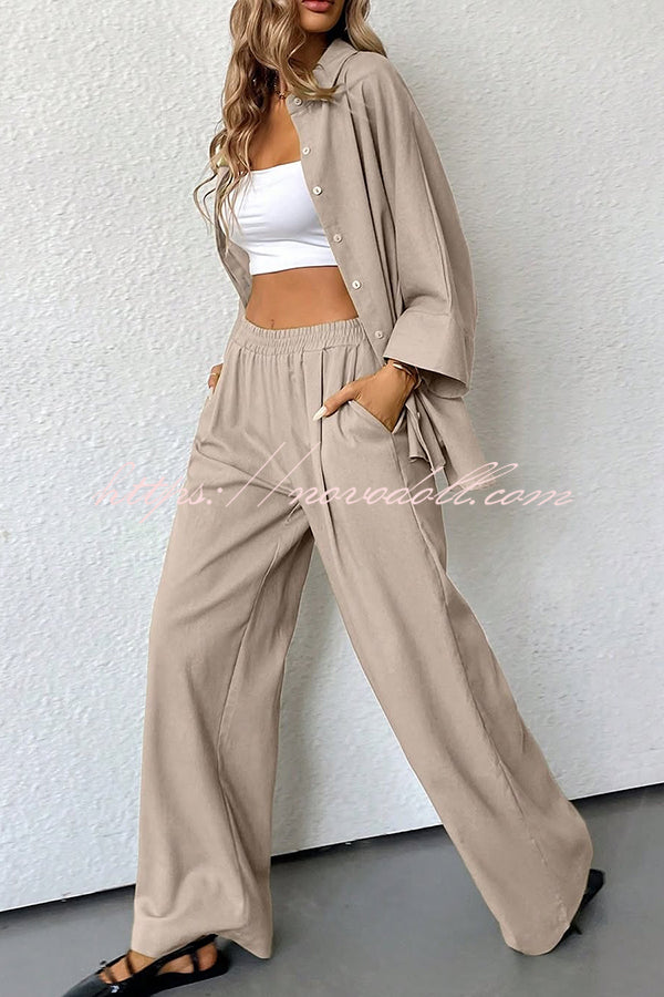 Solid Color Loose Casual Shirt and Elastic Waist Pocket Wide Leg Pants Set