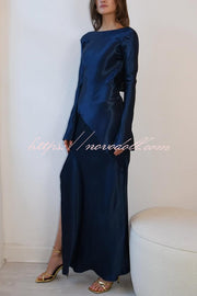 Satin Elegant Long-sleeved Open-back Slim-fit Slit Maxi Dress