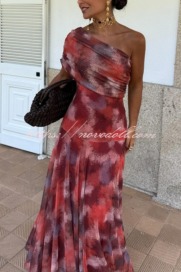 Unique Printed Off-the-shoulder Waisted Holiday Maxi Dress