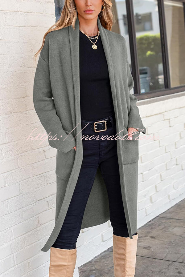 Solid Color Long-sleeved Casual Loose Pocket Mid-length Cardigan
