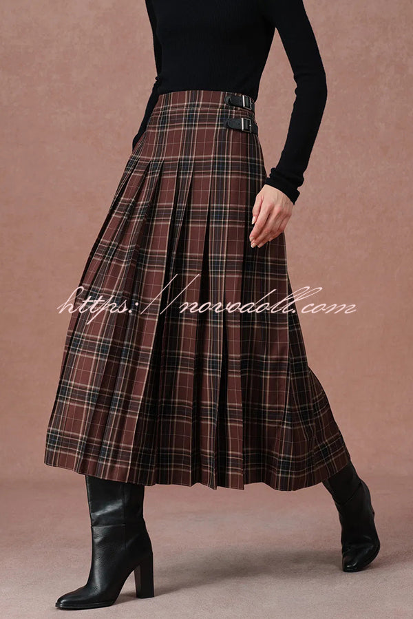Yehudit Plaid Belt Buckle Design High Rise Pocket Midi Umbrella Skirt