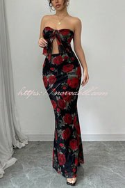 Floral Print Sexy Bandeau Lace-up Top and Slim Mesh Stretch Maxi Skirt Set