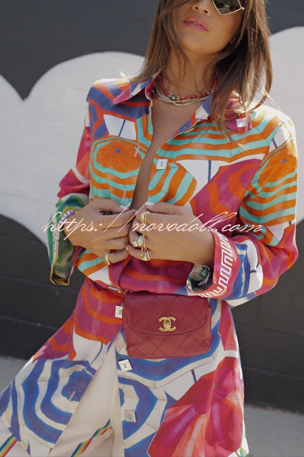 Elouise Satin Color Block Art Print Long Sleeve Button Back Elastic Waist H-line Mini Dress