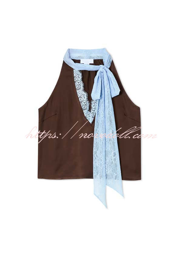 Sunday Social Contrast Color Satin Lace Trim Neck Strap Loose Tank