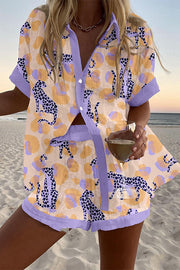 Elegant Snow Leopard Print Loose Button Elastic Waist Shorts Set