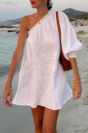 A Moment for Beach Linen Blend One Shoulder Loose Mini Dress