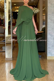 Iriena Chiffon One Shoulder Rose Decoration Waist Formal Maxi Dress
