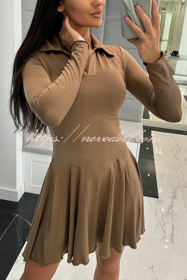 Solid Color Lapel Long Sleeve Slim Fit Waist Mini Dress