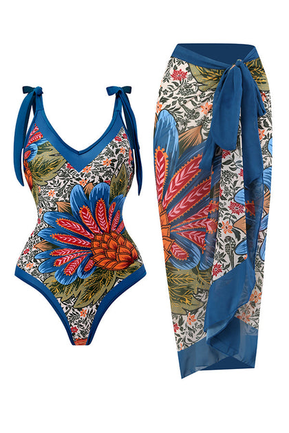 Full of Sunshine Printed Shoulder Tie One-Piece Swimsuit with Midi Co ...