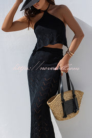 Solid Knit Hollow Halter Top and Stretch Fit Maxi Skirt Set