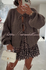 Solid Color Long-sleeved V-neck Lace-up Loose Knitted Sweater