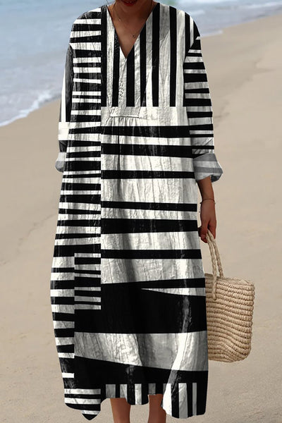 Black and White Contrast Print V-Neck Long Sleeve Loose Midi Dress