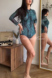 Unique Print One-piece Swimsuit and Cardigan and High Rise Pants Three-piece Set