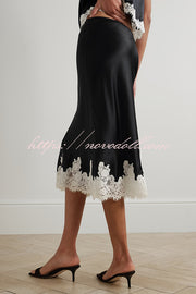 Celebration Look Contrast Color Satin Lace Trim Elastic Waist Drape Midi Skirt