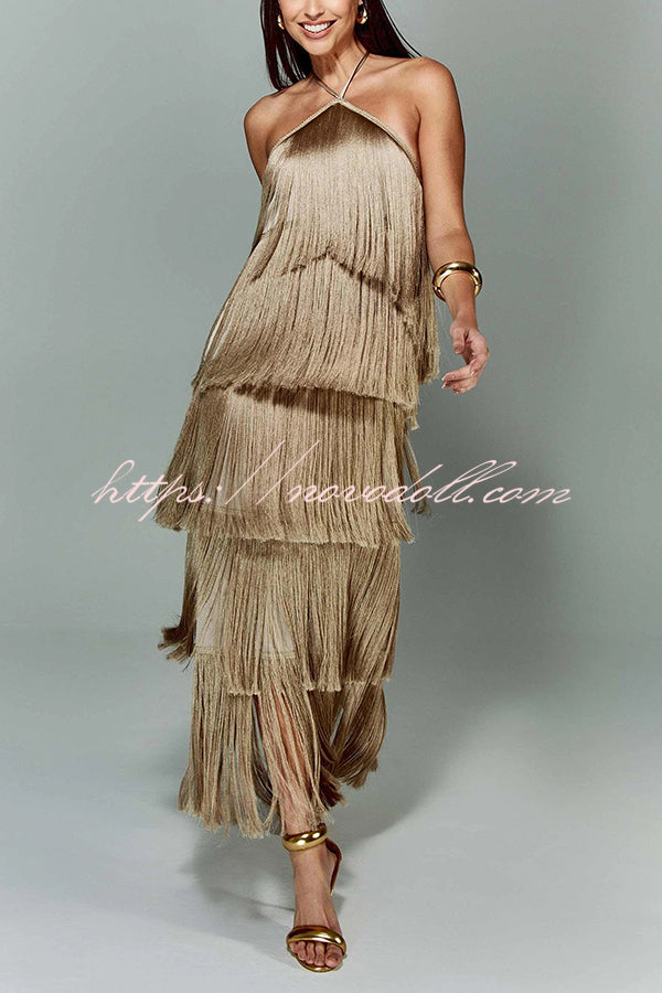 Sexy Halterneck Backless Elegant Fringe Maxi Dress