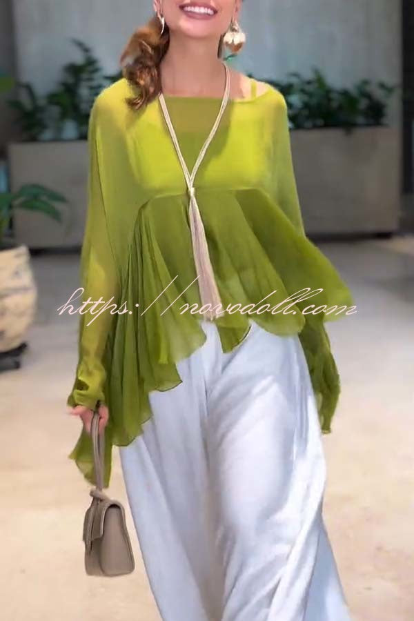 Romantic Journey Chiffon Ruffle Batwing Sleeve Top and Elastic Waist Pocket Loose Pants Set