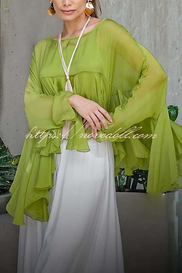 Romantic Journey Chiffon Ruffle Batwing Sleeve Top and Elastic Waist Pocket Loose Pants Set