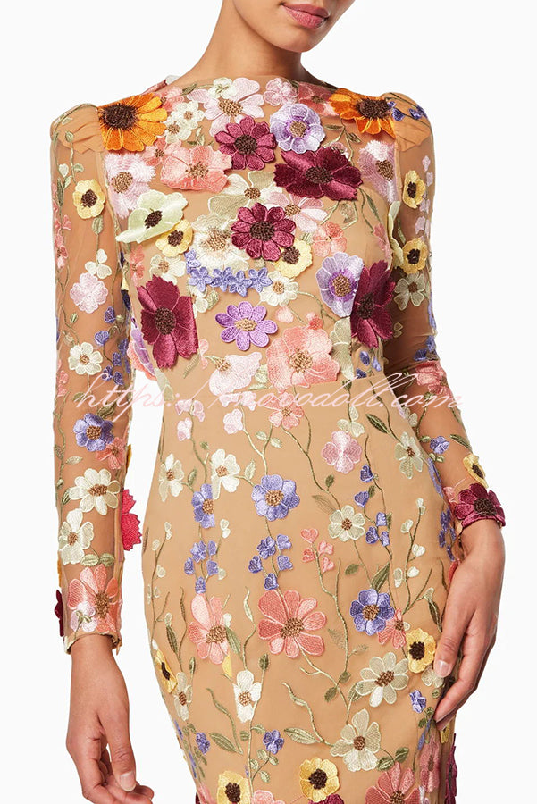 Dignified and Refined Charm Embroidered Floral Applique Long Sleeve Fish Tail Midi Dress