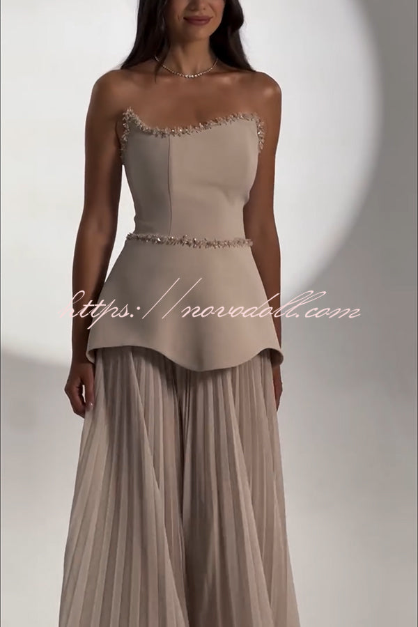 Capture The Moment Gem Trim Pleated Hem Strapless Maxi Dress