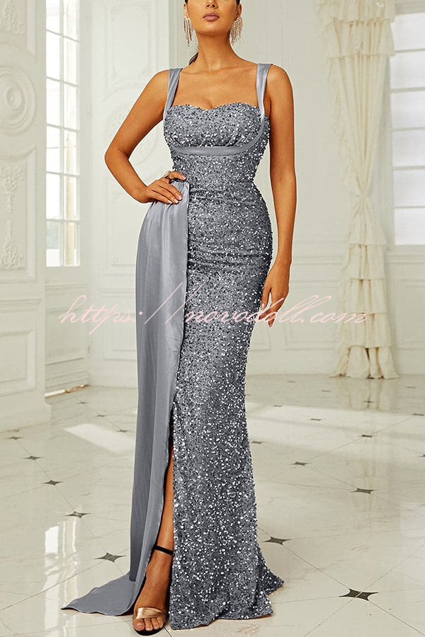 Banquet Sequined Backless Strappy Fishtail Maxi Dress