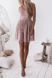 Lace Tulle Floral Hollow Sleeveless Slip Mini Dress