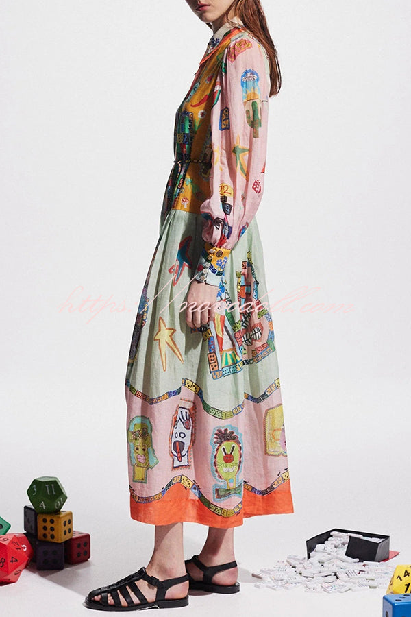 Set for Vacay Unique Print Colorblock Balloon Sleeve Belt Shirt Midi Dress