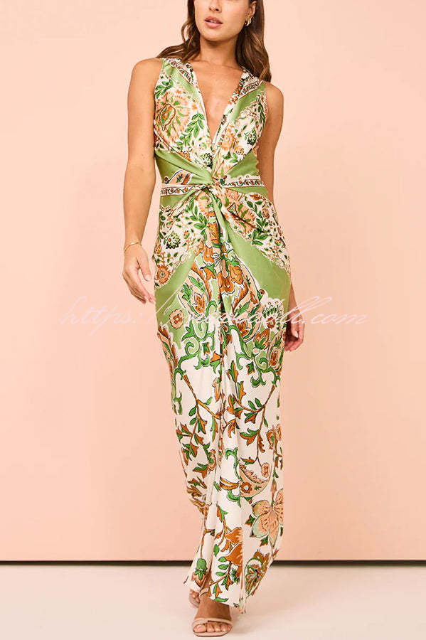 Gaia Satin Unique Paisley Print Central Twist Knot Detail Slit Maxi Dress