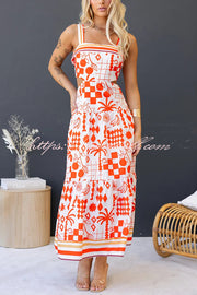 Unique Print Waist Cutout Back Gathered Suspender Maxi Dress