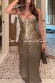 Vegas Queen Metallic Pleated Sculpted Bodice Back Lace-up Drape Maxi Dress