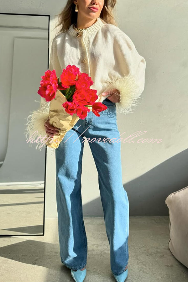 Solid Color Elegant Feather Long Sleeve Casual Knitted Cardigan