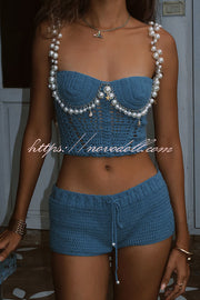 Mirina Hollow Crochet Knit Pearl Trim Heart Collar Crop Vacation Tank