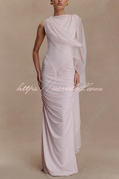 Fashionable Mesh Shawl Sleeveless Slim Fit Pleated Maxi Dress
