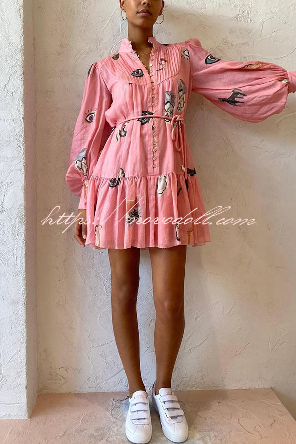 Unique Print Single Breasted Balloon Sleeve Tie Waist Ruffled Mini Dress