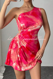 Fashion Tie-Dye One-Shoulder Hollow Pleated Mini Dress
