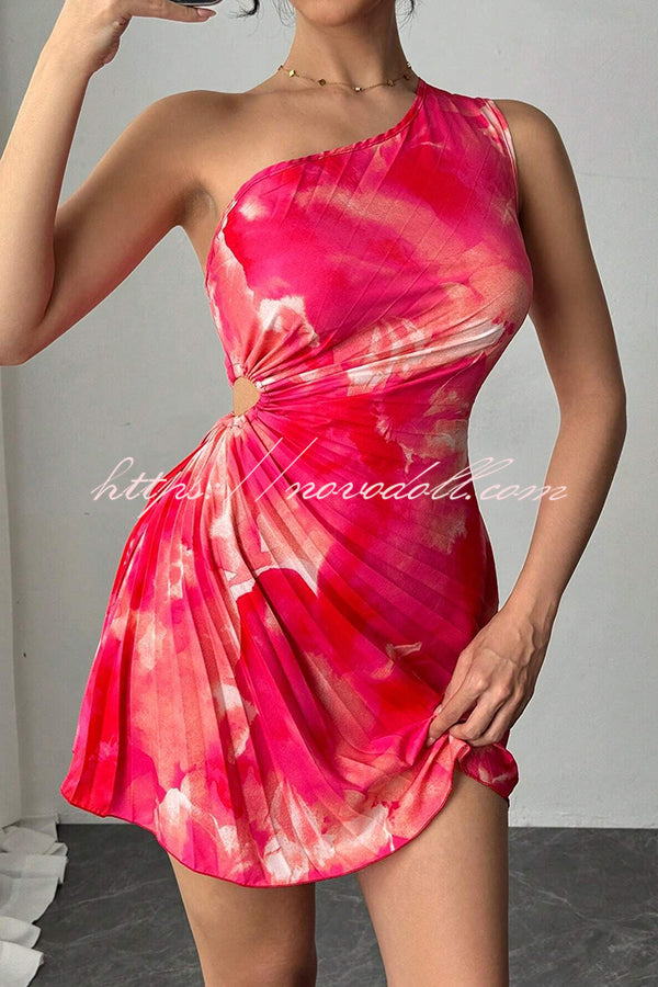 Fashion Tie-Dye One-Shoulder Hollow Pleated Mini Dress